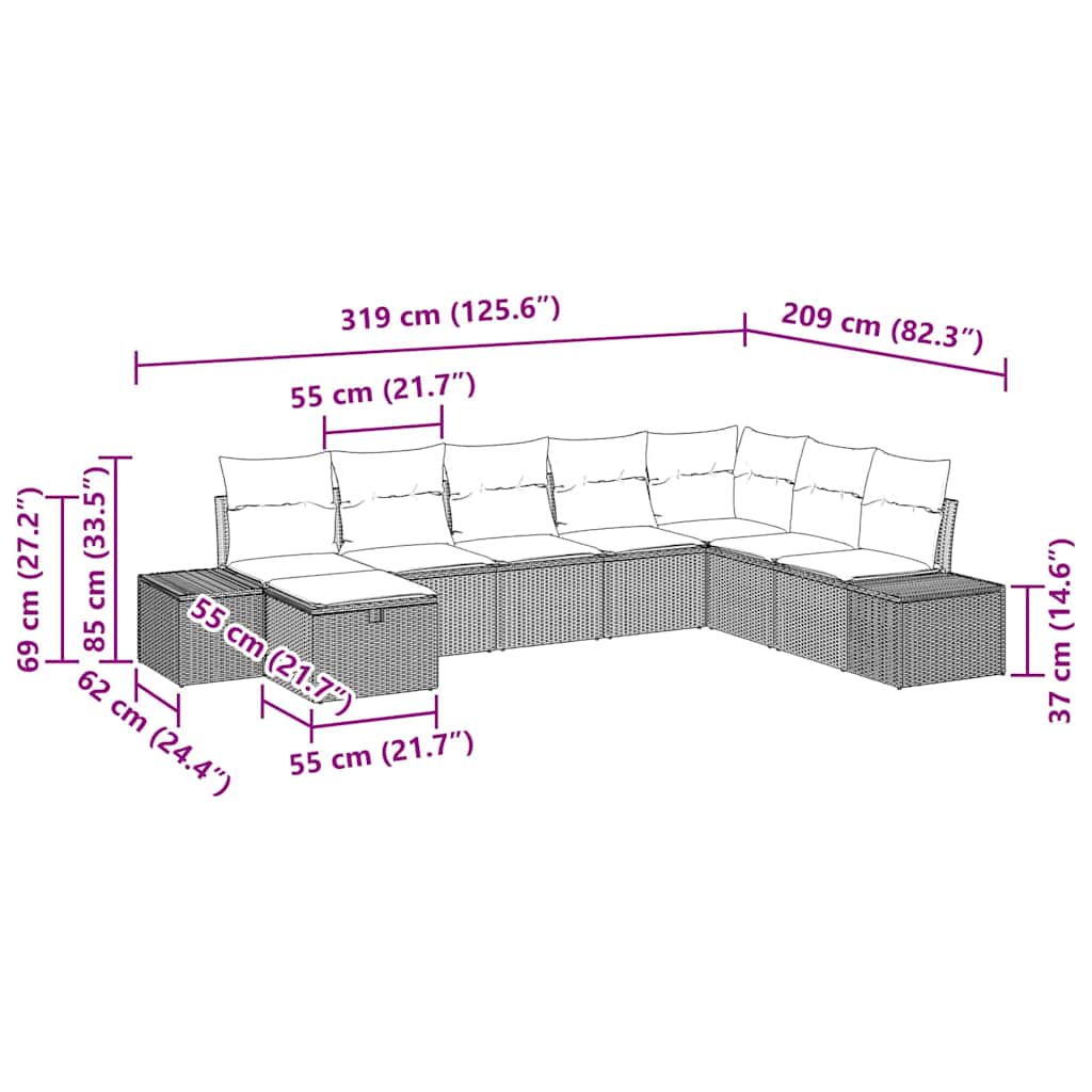 Garten-Sofa-Set mit Kissen 8 pcs Hellgrau Poly Rattan